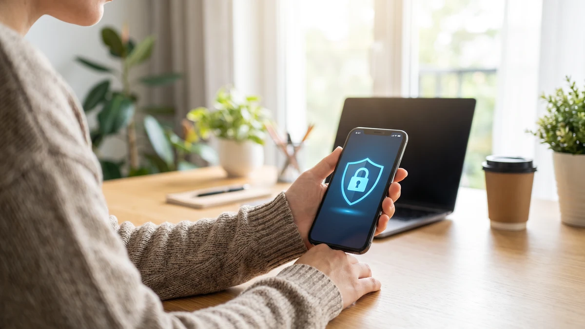 Person holding smartphone with security shield icon in modern home office with laptop in background