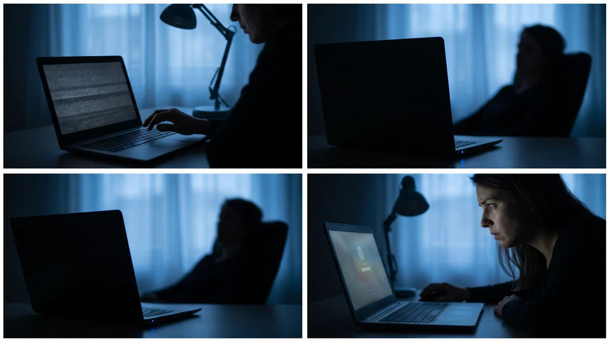 Dark home office scene showing laptop losing connection at night — VPN disconnection moment