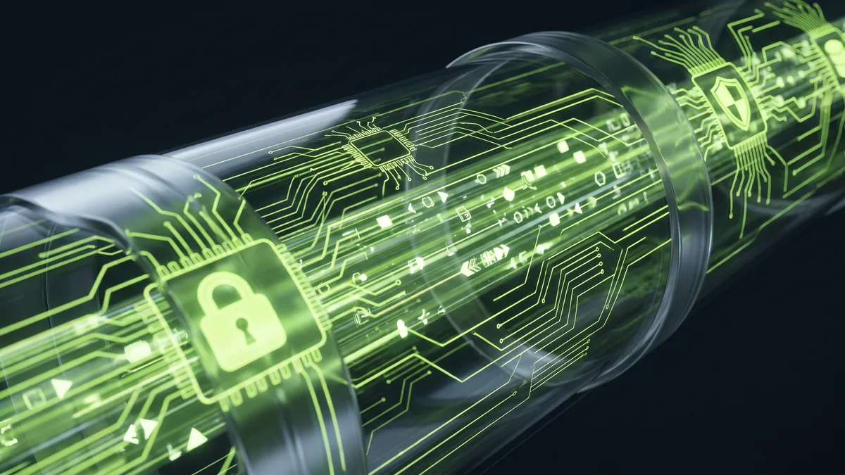 Glowing green encrypted VPN tunnel with circuit board patterns on dark background, representing secure data flow and VPN leak protection