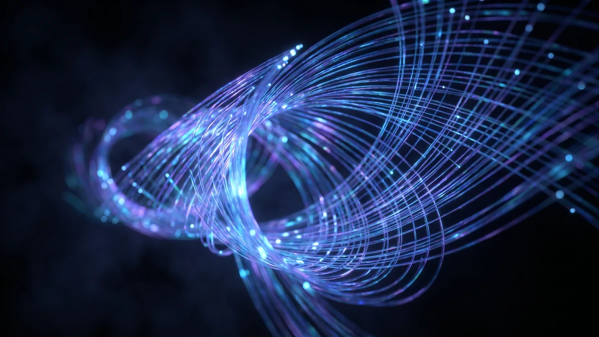 Glowing fiber optic cables in blue and purple light against dark background representing secure digital communication