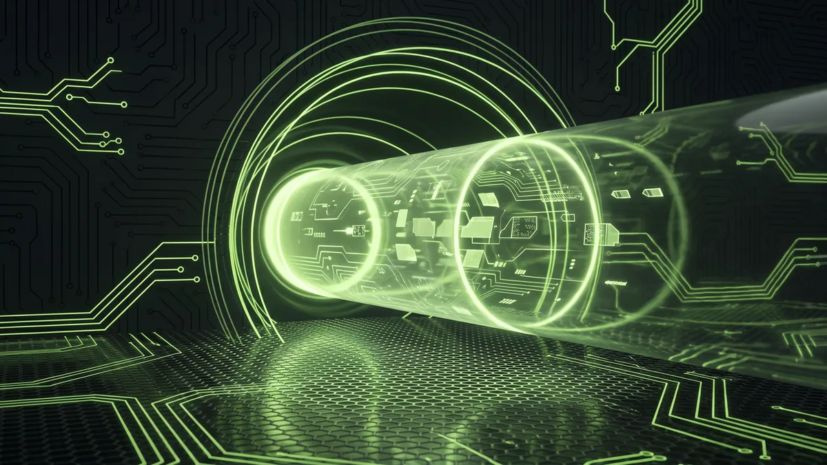 Glowing green encrypted VPN tunnel visualization with circuit board patterns on dark background