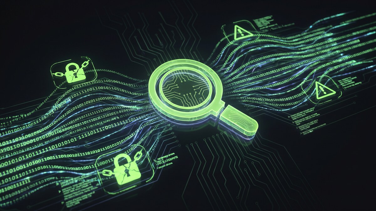 Glowing green magnifying glass scanning dark web data streams and breach alert icons representing breach monitoring