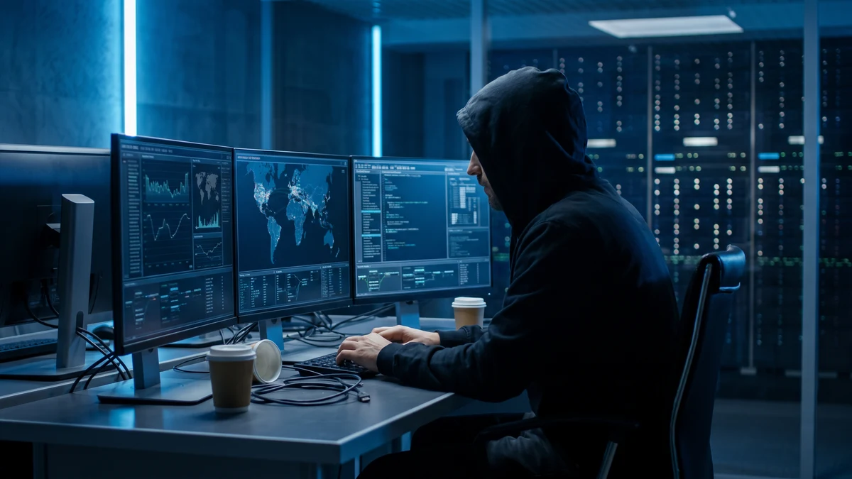 Hooded figure at multiple computer monitors showing data dashboards in dark blue-lit server room