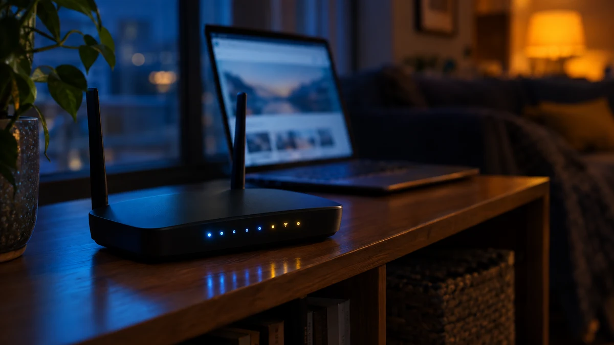 A home Wi-Fi router glowing on a wooden shelf at night with a laptop in the background