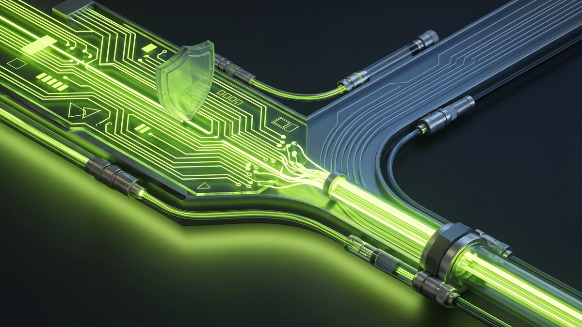 Glowing green encrypted data tunnel splitting into two separate paths, representing VPN split tunneling