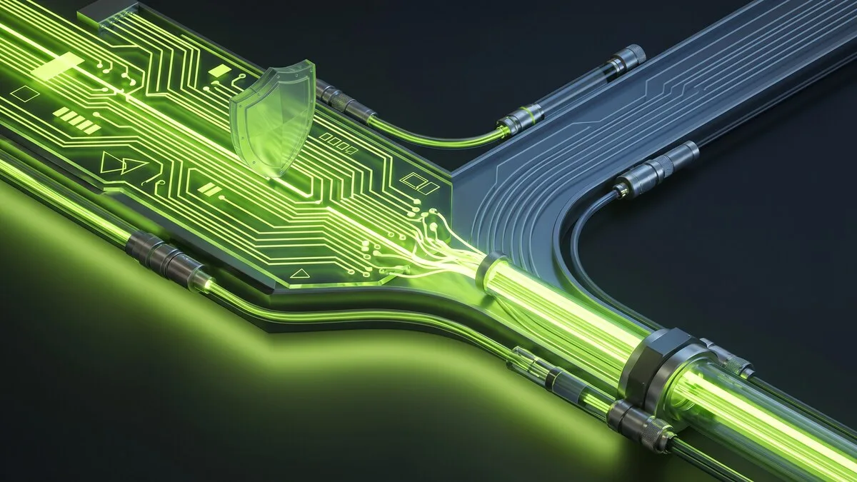 Glowing green encrypted data tunnel splitting into two separate paths, representing VPN split tunneling
