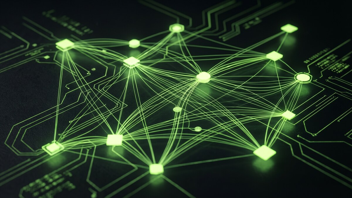 Glowing green network nodes and circuit connections representing Zero Trust security architecture