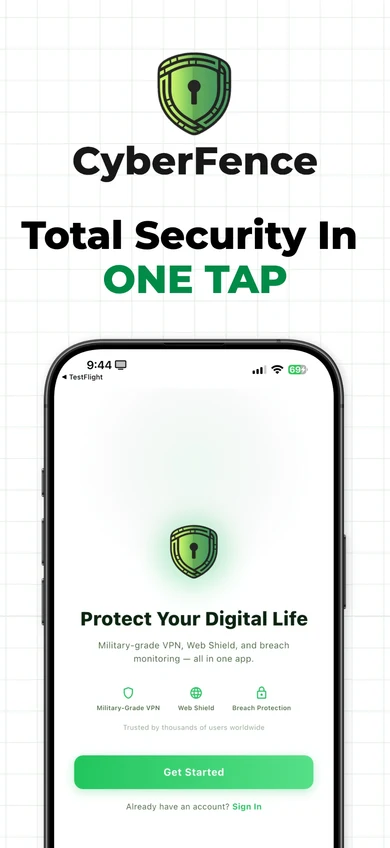 CyberFence iPhone — Welcome screen, Protect Your Digital Life onboarding