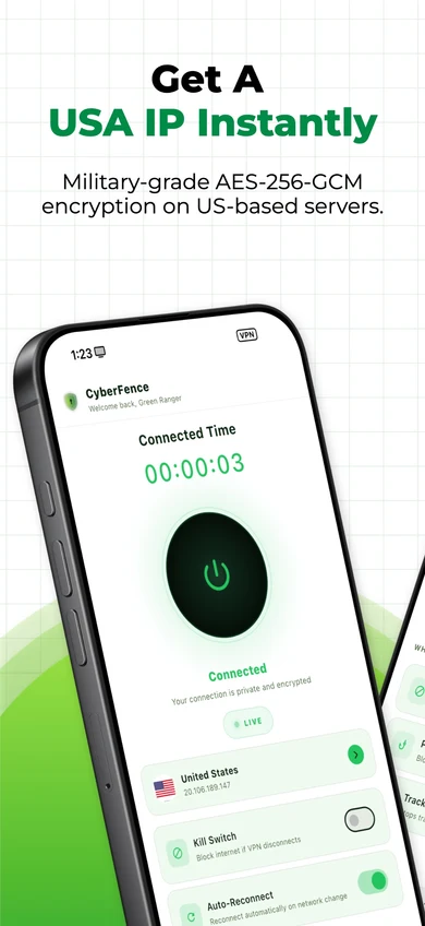 CyberFence iPhone — VPN connected to United States, AES-256 encryption active