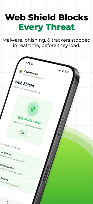 CyberFence iPhone — Web Shield Active, Ad Blocking, Phishing Protection, Tracker Blocking