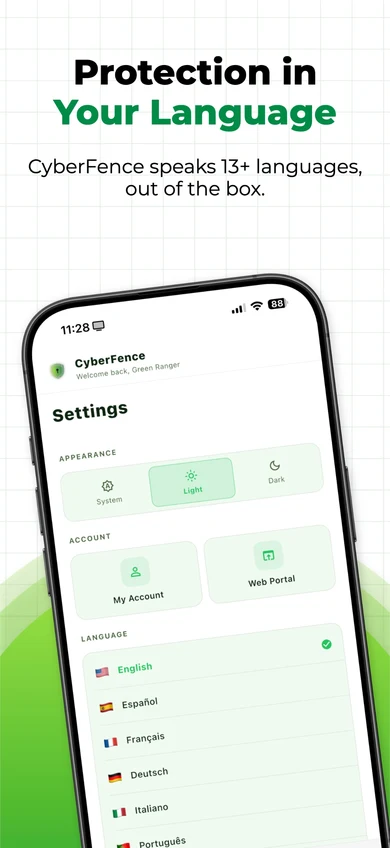 CyberFence iPhone — Settings with 13 languages including English, Español, Français, Deutsch