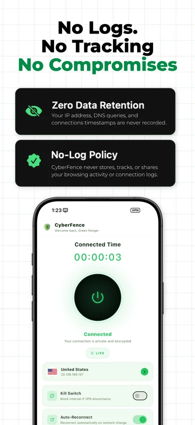 CyberFence iPhone — Zero Data Retention and No-Log Policy confirmation screen