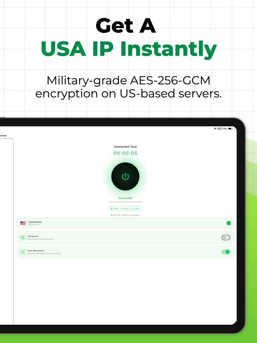 CyberFence running natively on iPad — VPN connected to United States, AES-256 encryption active, persistent sidebar navigation