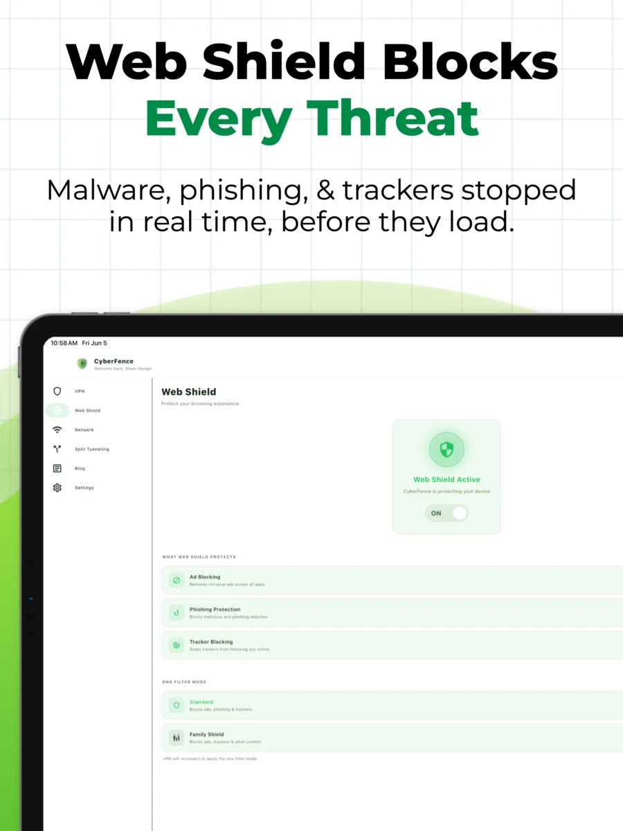 CyberFence iPad — Web Shield Active with Ad Blocking, Phishing Protection, Tracker Blocking, Standard and Family Shield