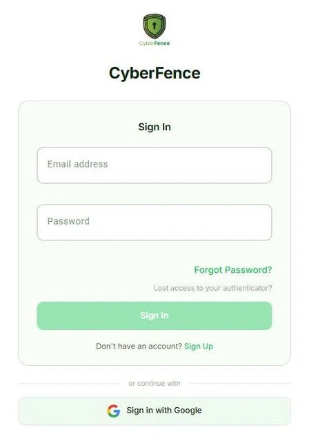 CyberFence web account sign-in screen in light theme