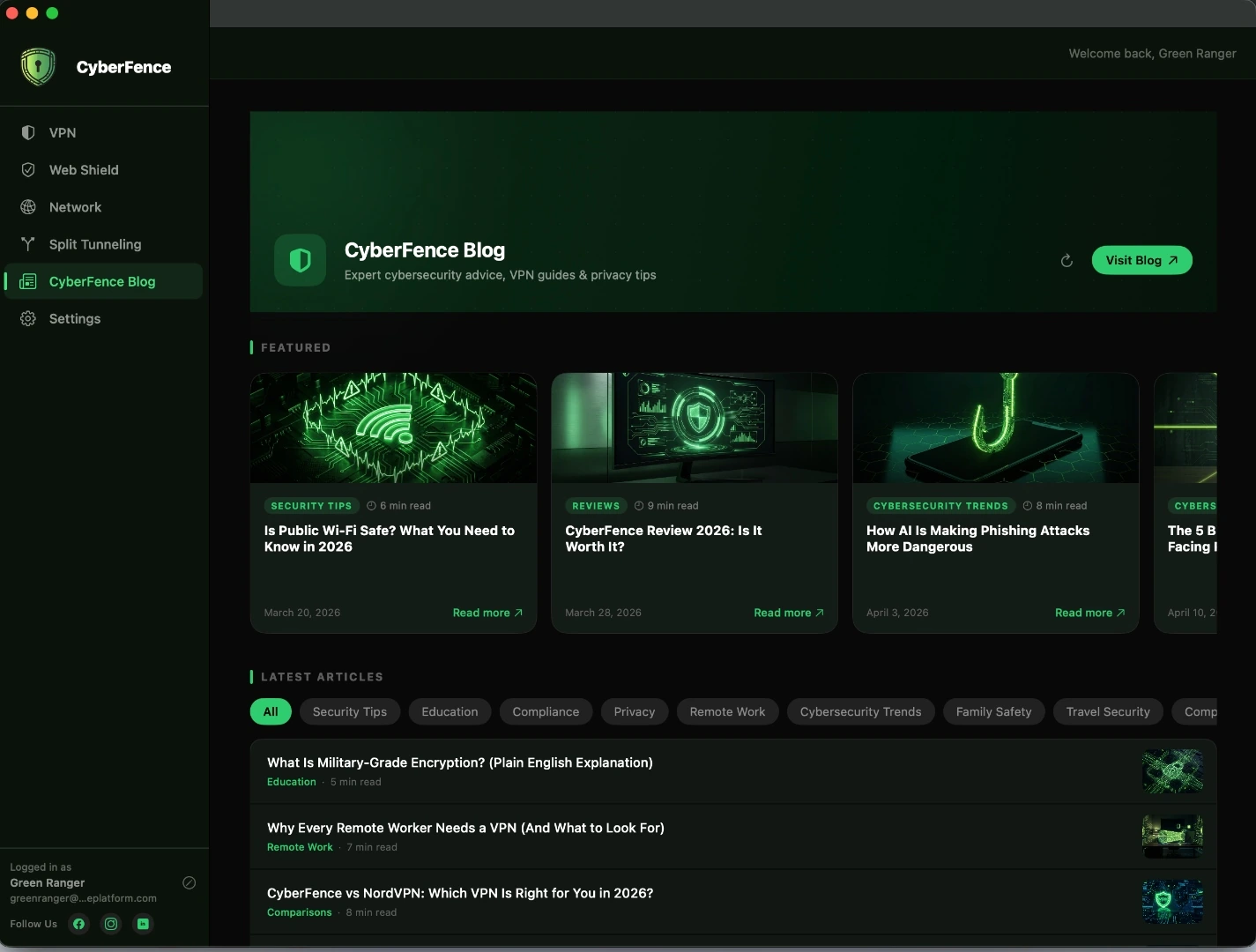 CyberFence Blog inside the Mac app — dark mode