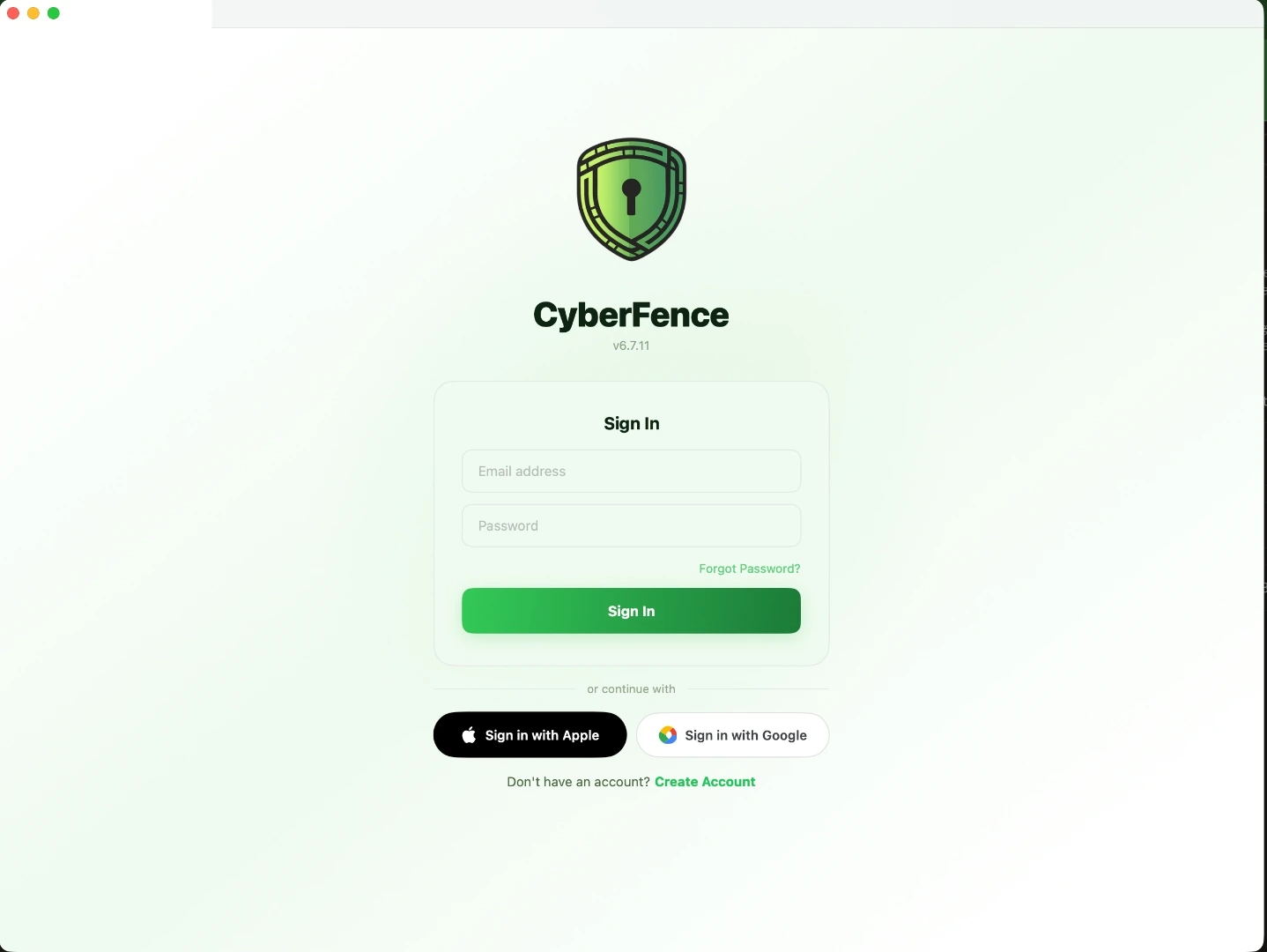 CyberFence for Mac sign-in screen