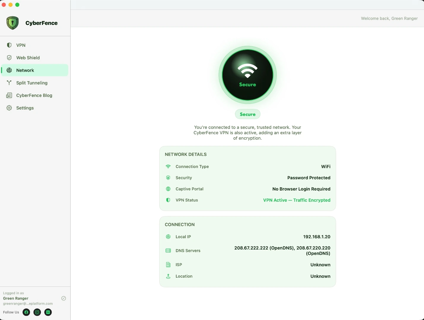 CyberFence network intelligence on Mac — light mode