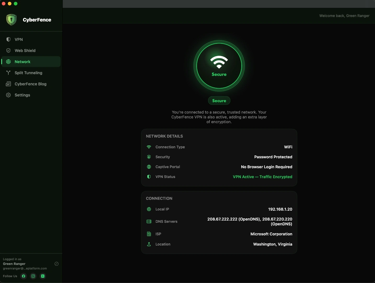 CyberFence network intelligence on Mac — dark mode
