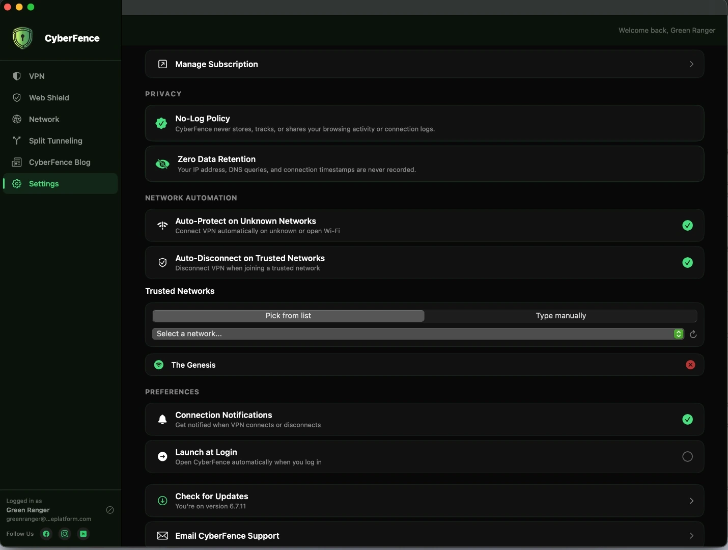 CyberFence network automation on Mac — dark mode