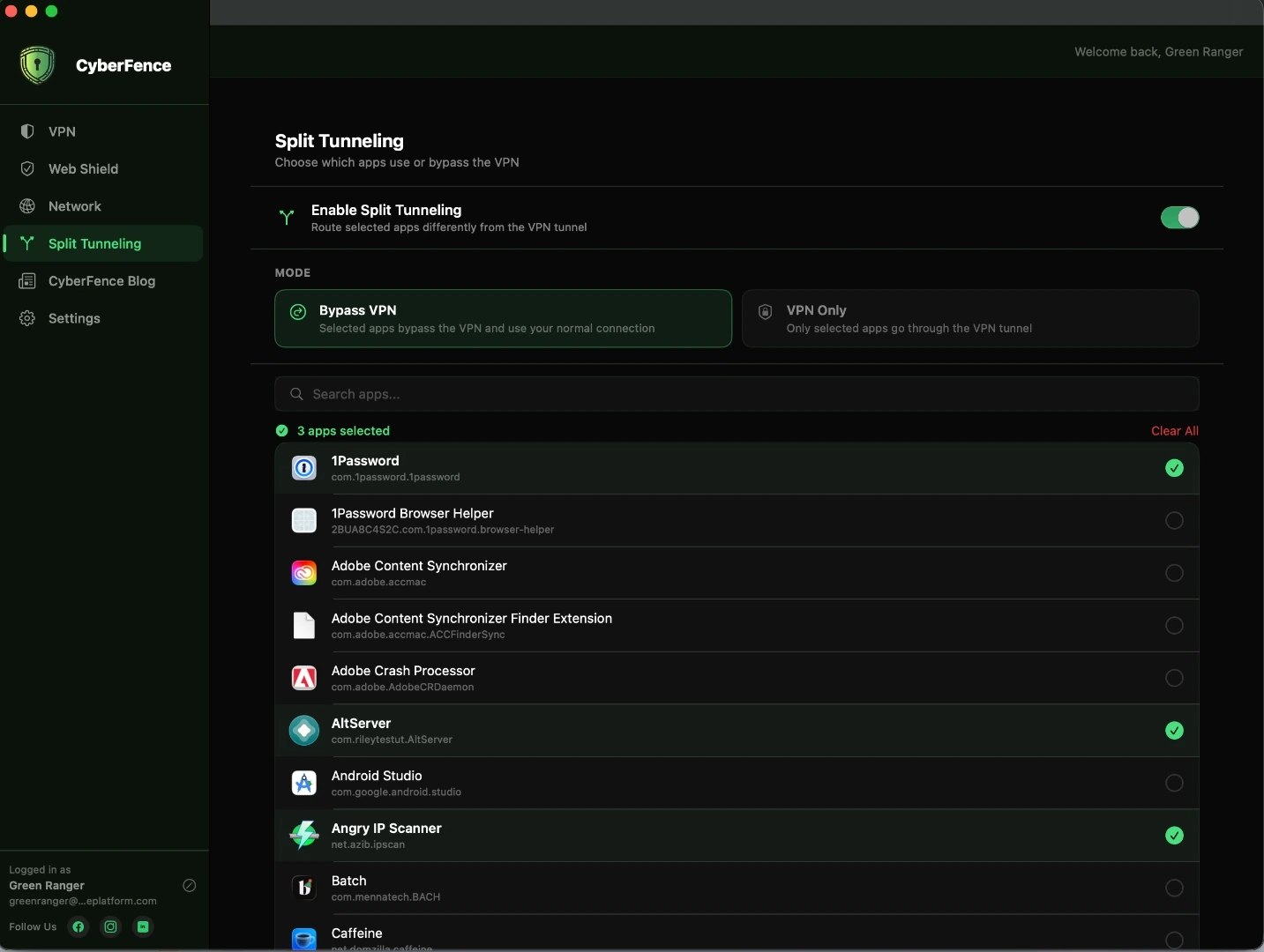 CyberFence split tunneling on Mac — dark mode