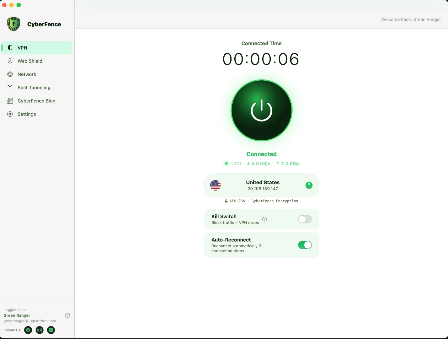 CyberFence Mac app — VPN connected