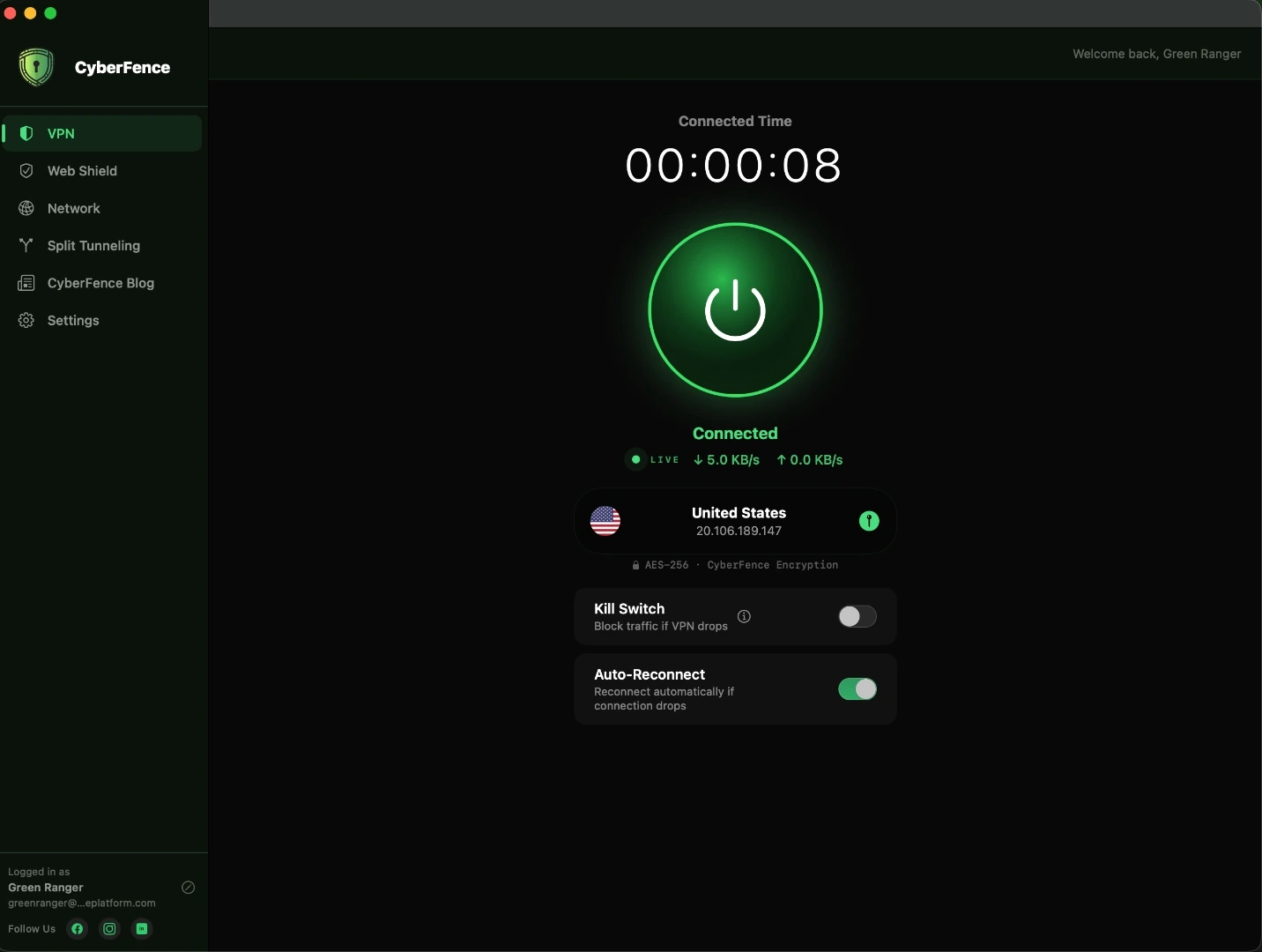 CyberFence for Mac VPN connected — dark mode