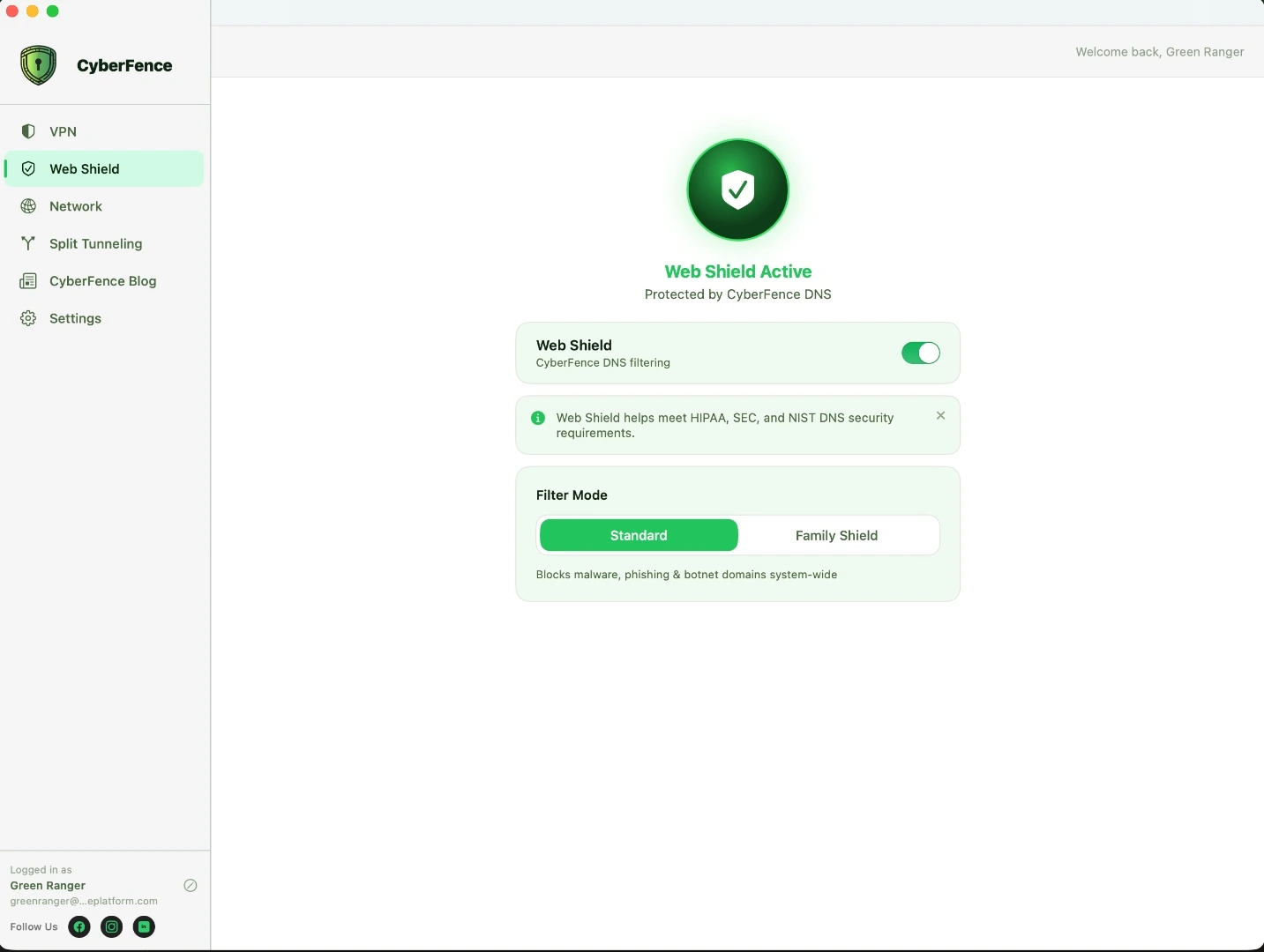 CyberFence Web Shield on Mac — light mode