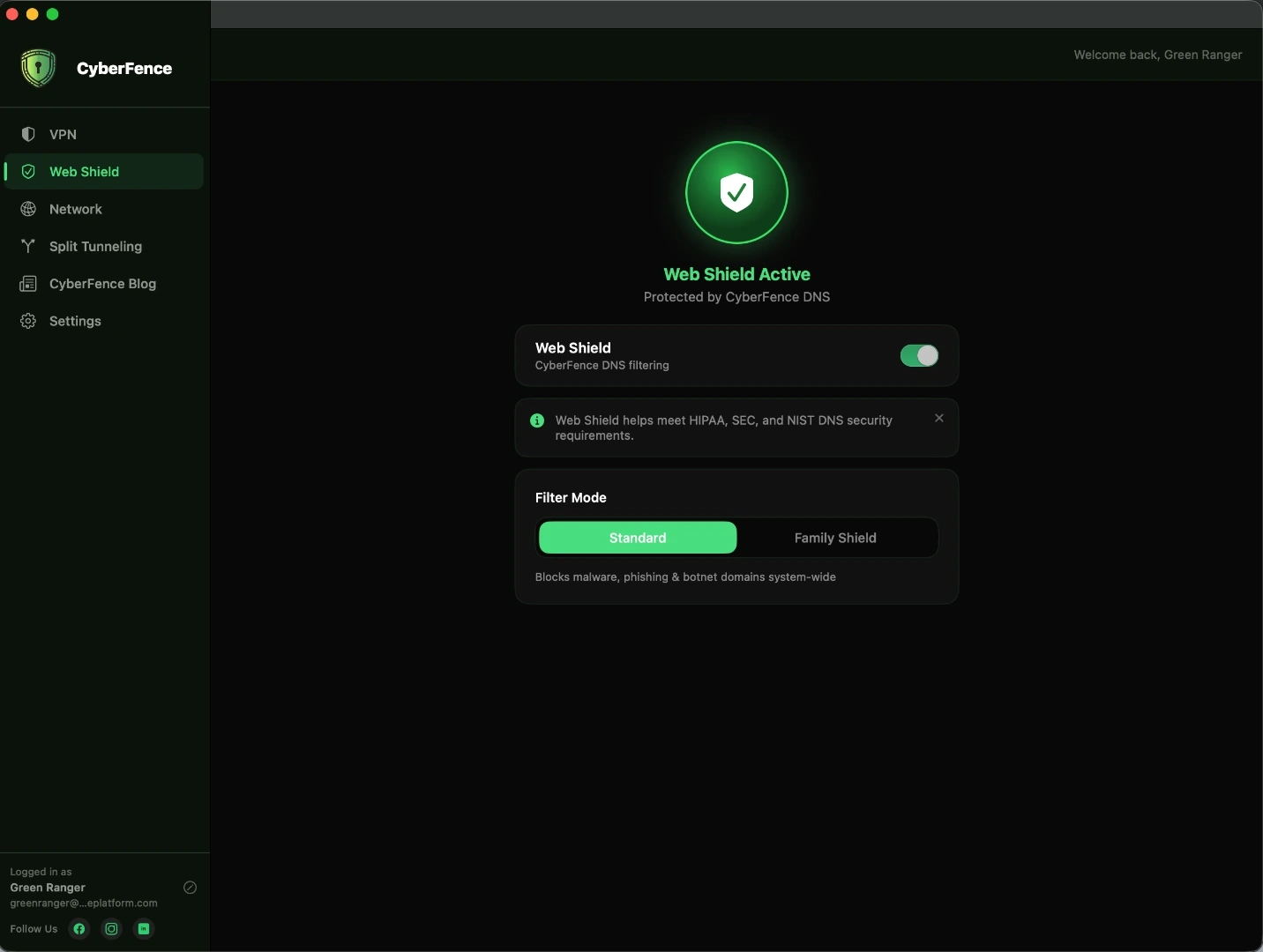 CyberFence Web Shield on Mac — dark mode