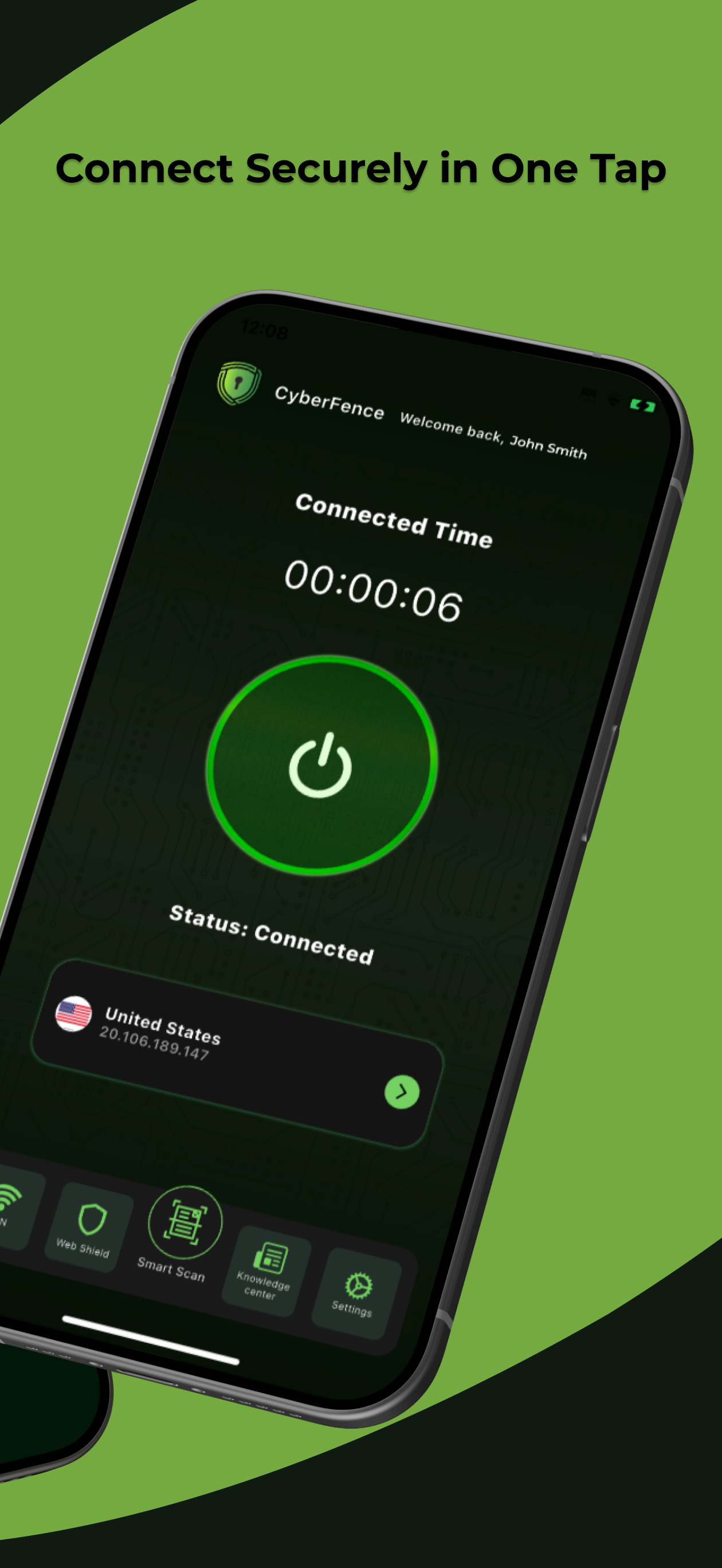 CyberFence app — connected to US VPN