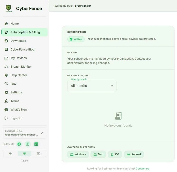 CyberFence web app subscription and billing page showing active plan status and covered platforms