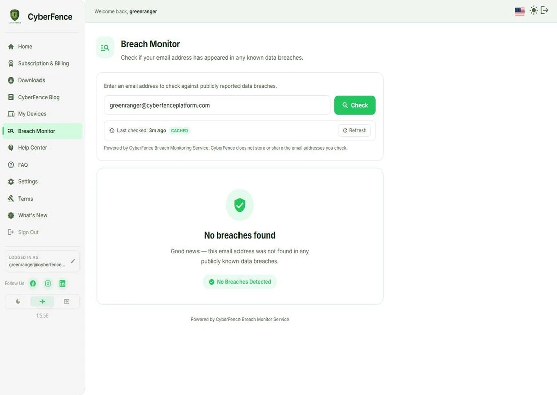 CyberFence Breach Monitor showing last checked timestamp and scan status