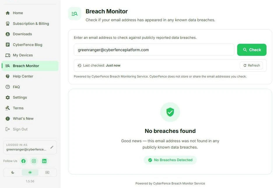 CyberFence Breach Monitor dashboard showing email scan results