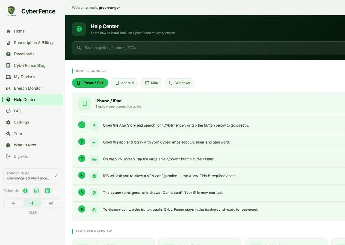 CyberFence web app Help Center showing platform connection guides
