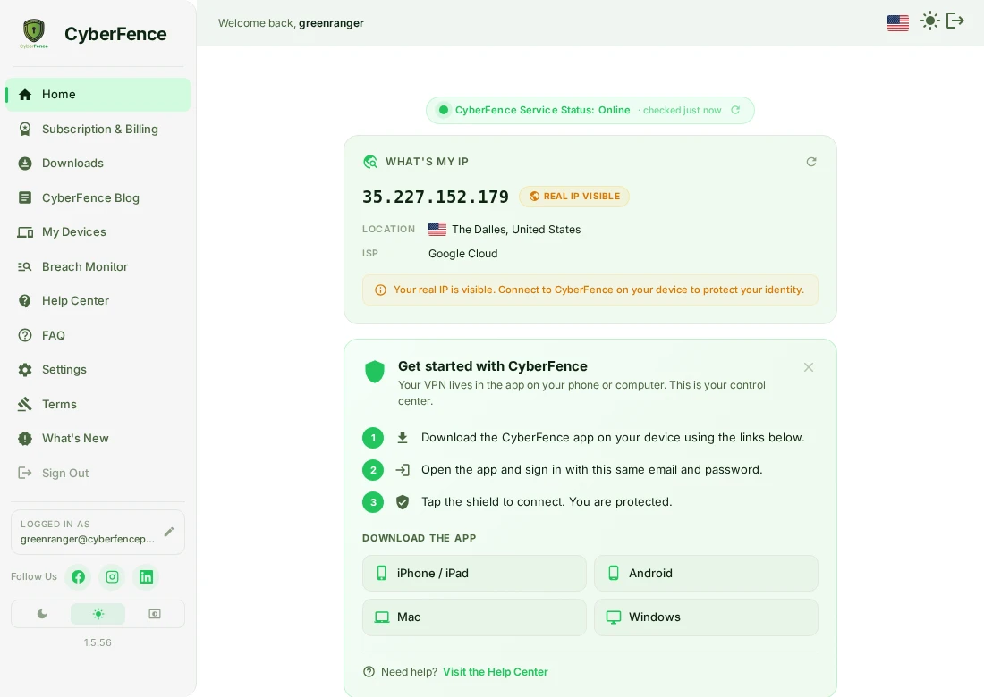CyberFence web app dashboard showing IP address, VPN status, and service health