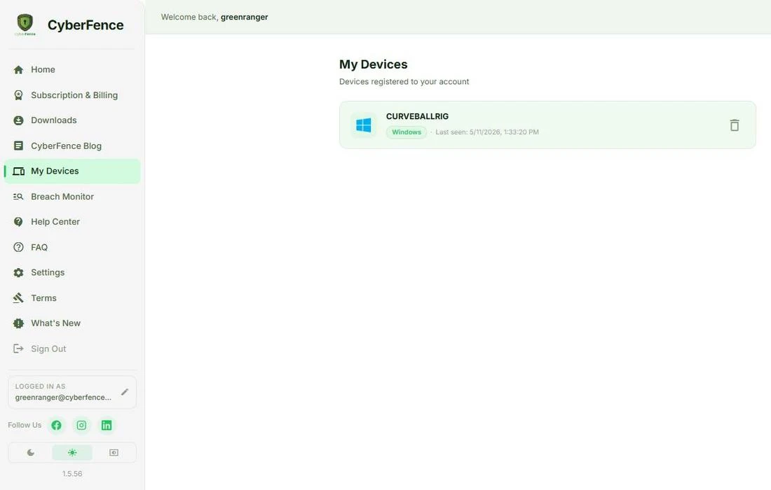 CyberFence web app My Devices page showing connected devices