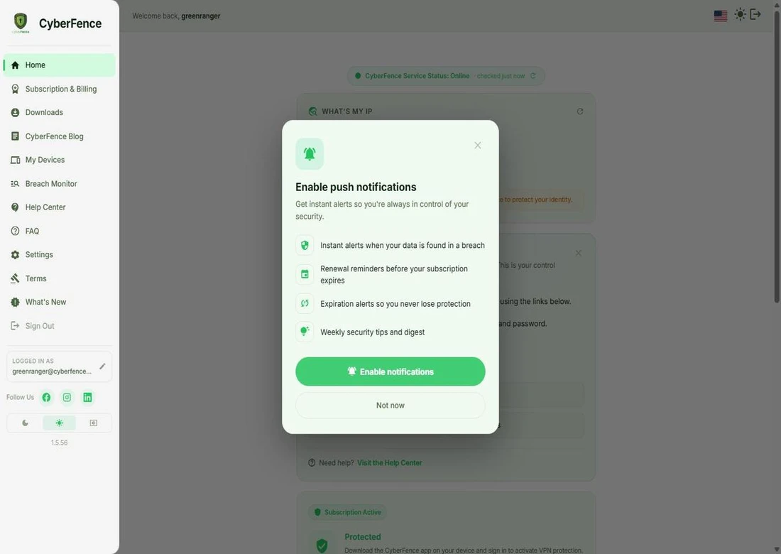 CyberFence web app push notifications setup modal