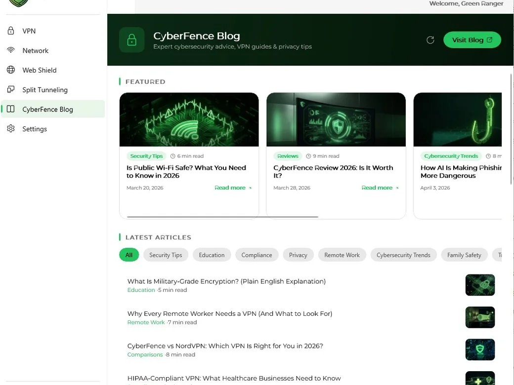 CyberFence Blog feed inside the Windows app — light mode