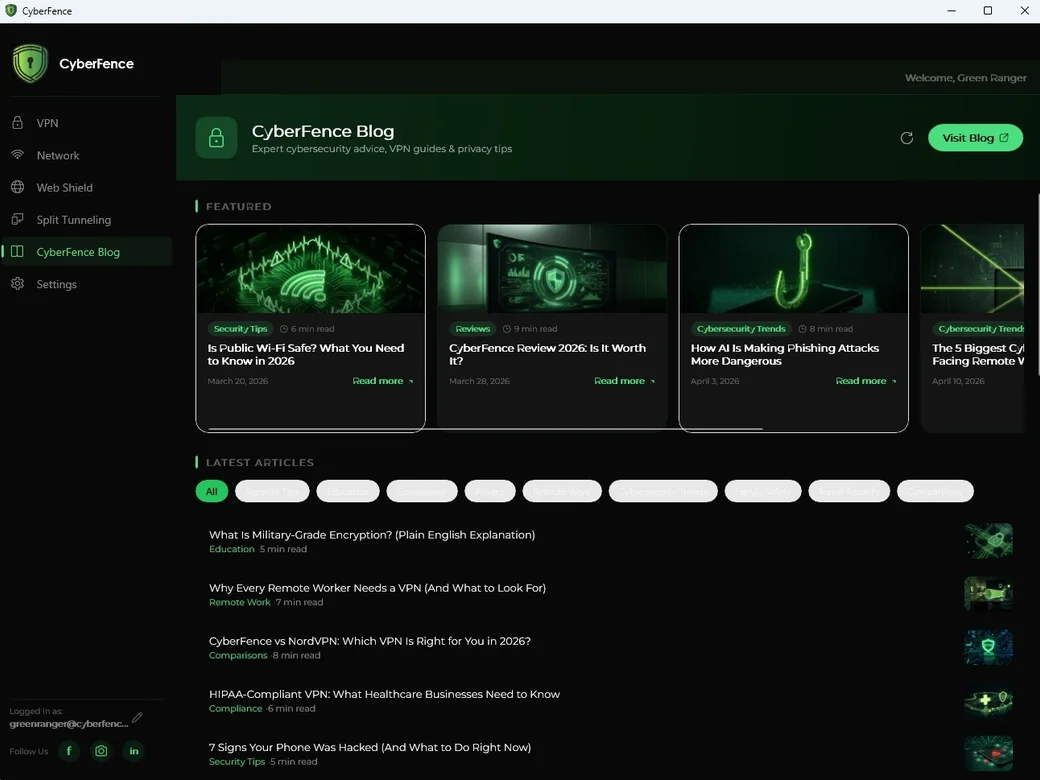 CyberFence Blog feed inside the Windows app — dark mode
