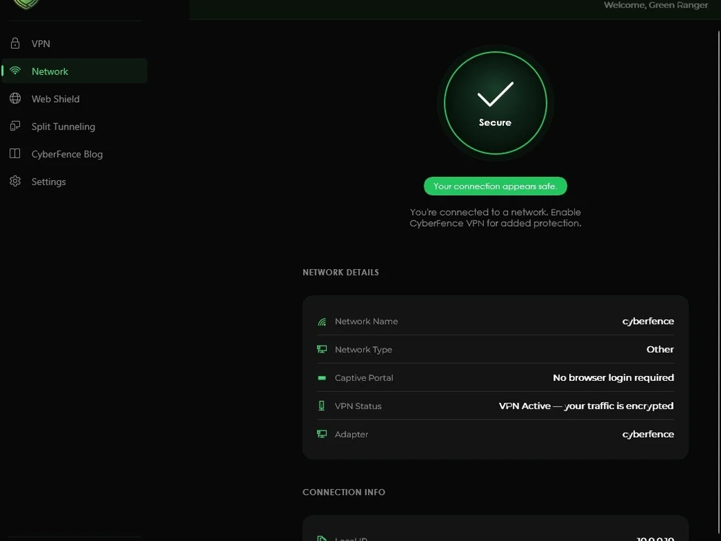 CyberFence network intelligence — dark mode