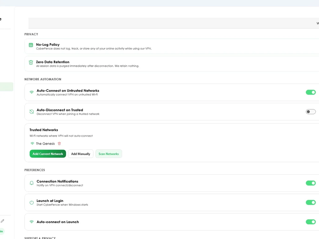 CyberFence network automation and trusted networks — light mode