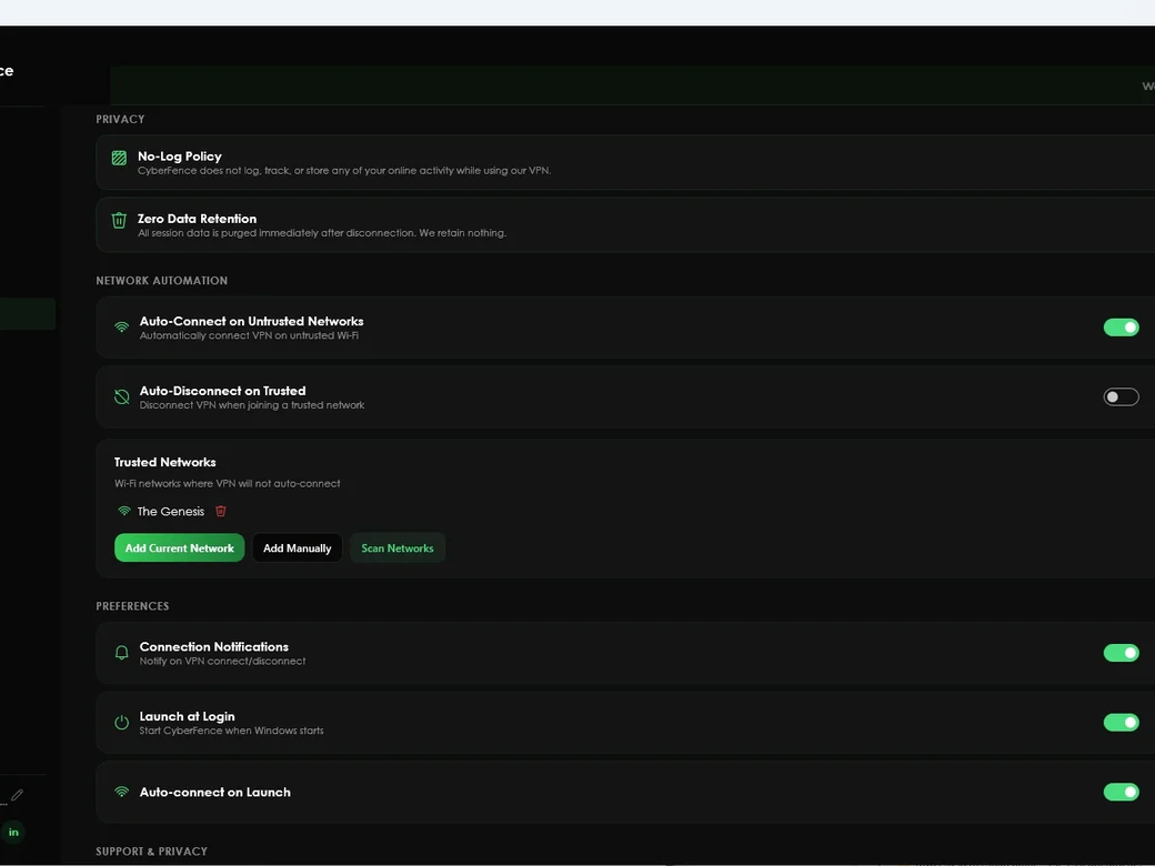 CyberFence network automation and trusted networks — dark mode