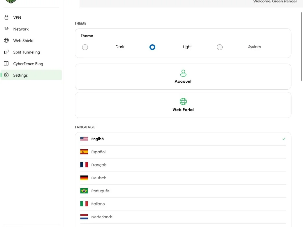 CyberFence settings theme and language — light mode
