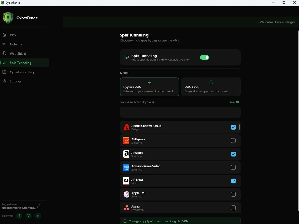 CyberFence split tunneling — dark mode