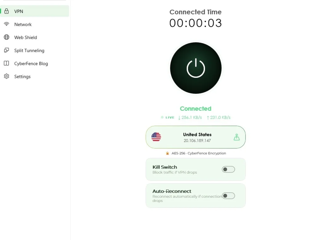 CyberFence for Windows VPN connected — light mode