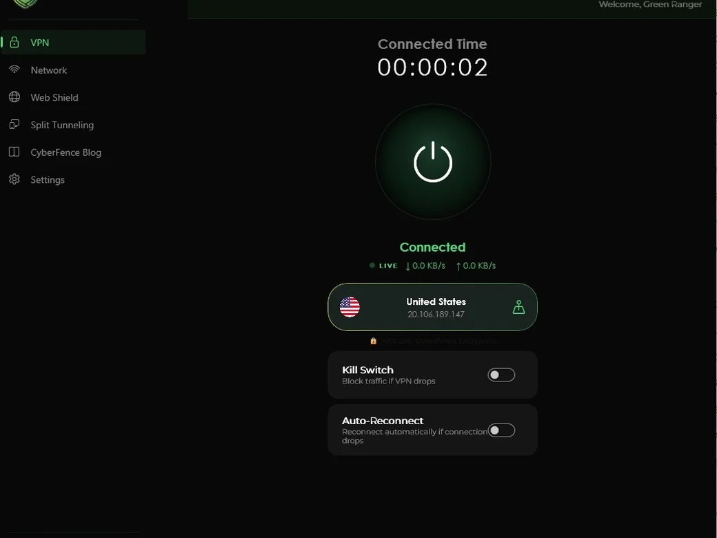 CyberFence for Windows VPN connected — dark mode