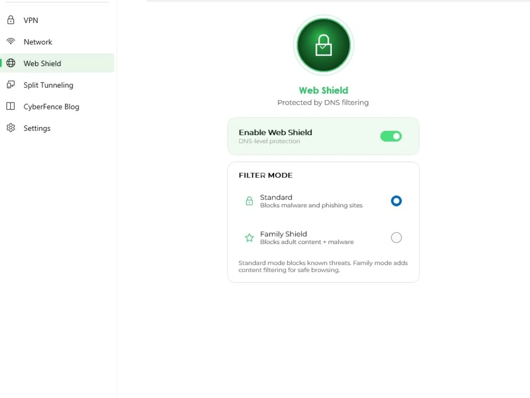 CyberFence Web Shield — light mode