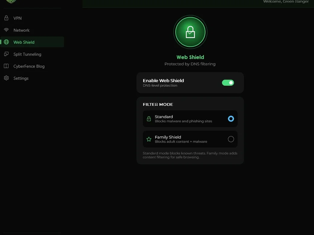 CyberFence Web Shield — dark mode